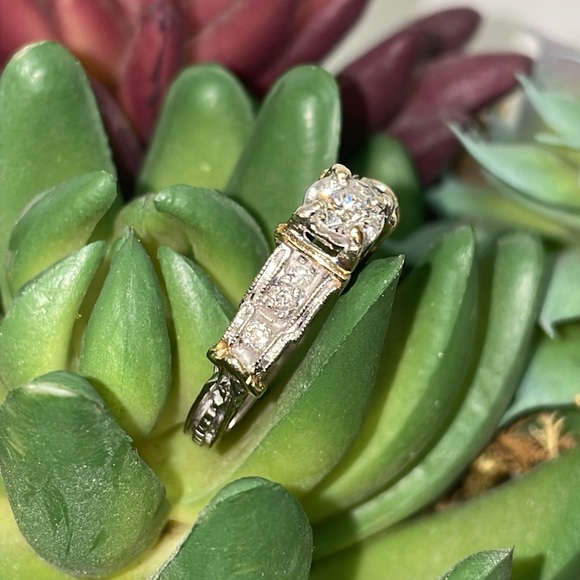 Solid 14K White Yellow Gold Natural Diamond Antique Engagement Ring - Picture 7 of 17